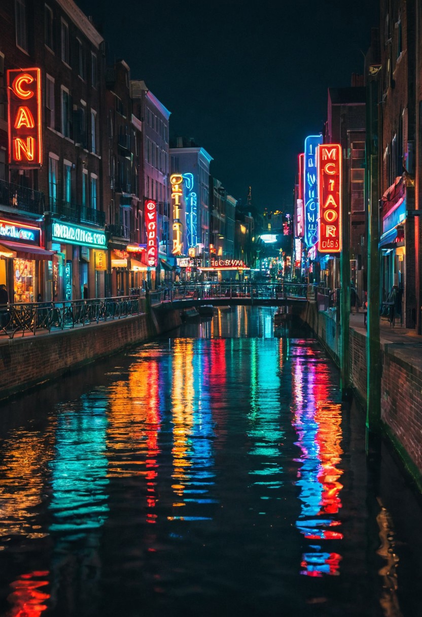 "City Lights and Water Reflections" - Capture the vibrant nightlife of a city reflected in a river or canal, using long exposures (30-60 seconds) with a Canon EOS 5D Mark IV and a 24-70mm f/2.8 lens. Experiment with different shutter speeds to create light trails and capture the movement of the water. Double expose this with a close-up shot of colorful neon signs (shot with a 50mm f/1.2 lens), emphasizing the abstract shapes and colors.