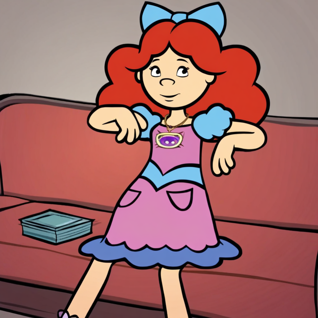 Score_9, solo, eileen_wg, red hair, long hair, hairbow, dress, necklace, sitting, sofa