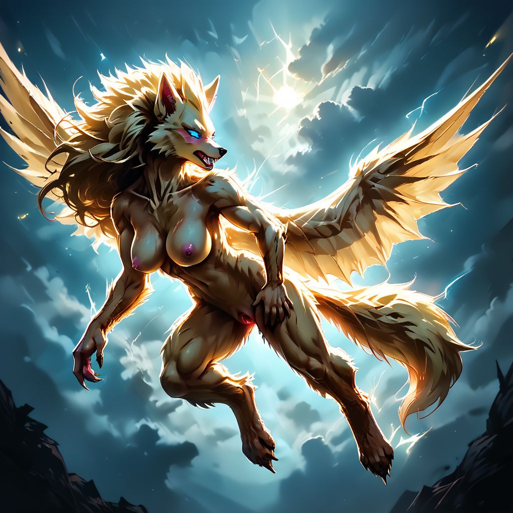 SCORE_9, SCORE_8_UP, SOURCE_FURRY, Expressiveh,  SSWW, BLUE EYES, GLOWING EYES, GOLDEN ELECTRICITY, SUPER SAIYAN, FEMALE-WEREWOLF, ANTHRO FURRY, DETAILED FANGS, LONG HAIR, FLYING, WINGS, HUGE TITS, PERKY NIPPLES, BLUSHING, TAIL, BREAK, HIGH RES, ANTIALIASING, VIVID TEXTURE, DETAILED BLACK PUPILS, HIGH IN THE CLOUDS, BLUESKY, DAYLIGHT, DISTANT SUNLIGHT