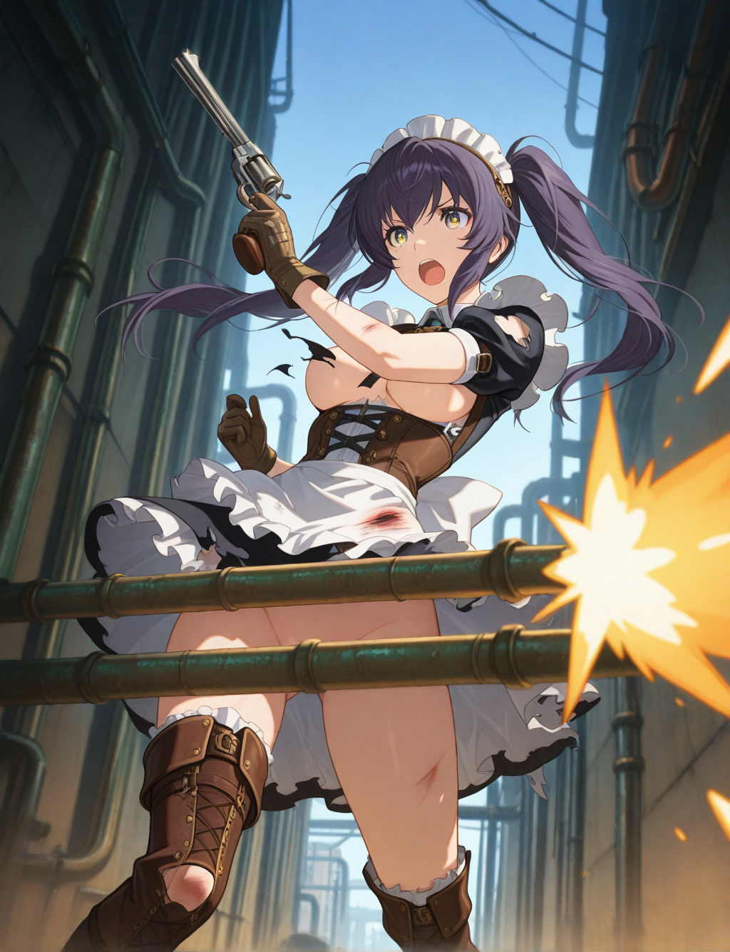 masterpiece,best quality,higres illustration,detailed face,1girl,long hair,twintails,<lora:censorpipe_IL:1>,industrial pipe,convenient censoring,open mouth,boots,glove,torn clothes,injury,street,sky,maid,holding revolver,steampunk,firing,cowboy shot,