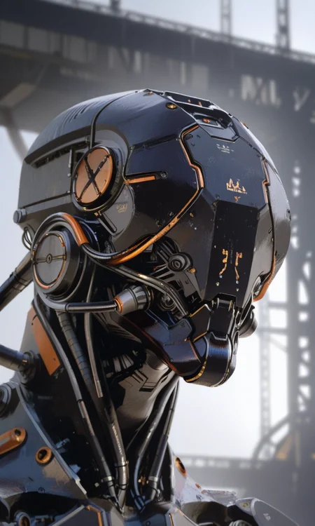 A highly detailed CGI image of a futuristic black robotic head with orange accents intricate wiring and a sleek matt black metallic texture. The background is a blurred industrial setting with muted grays and blacks, Three-quarter view, close up <lora:- iLL - the_edgy_mech_V3.0:1>