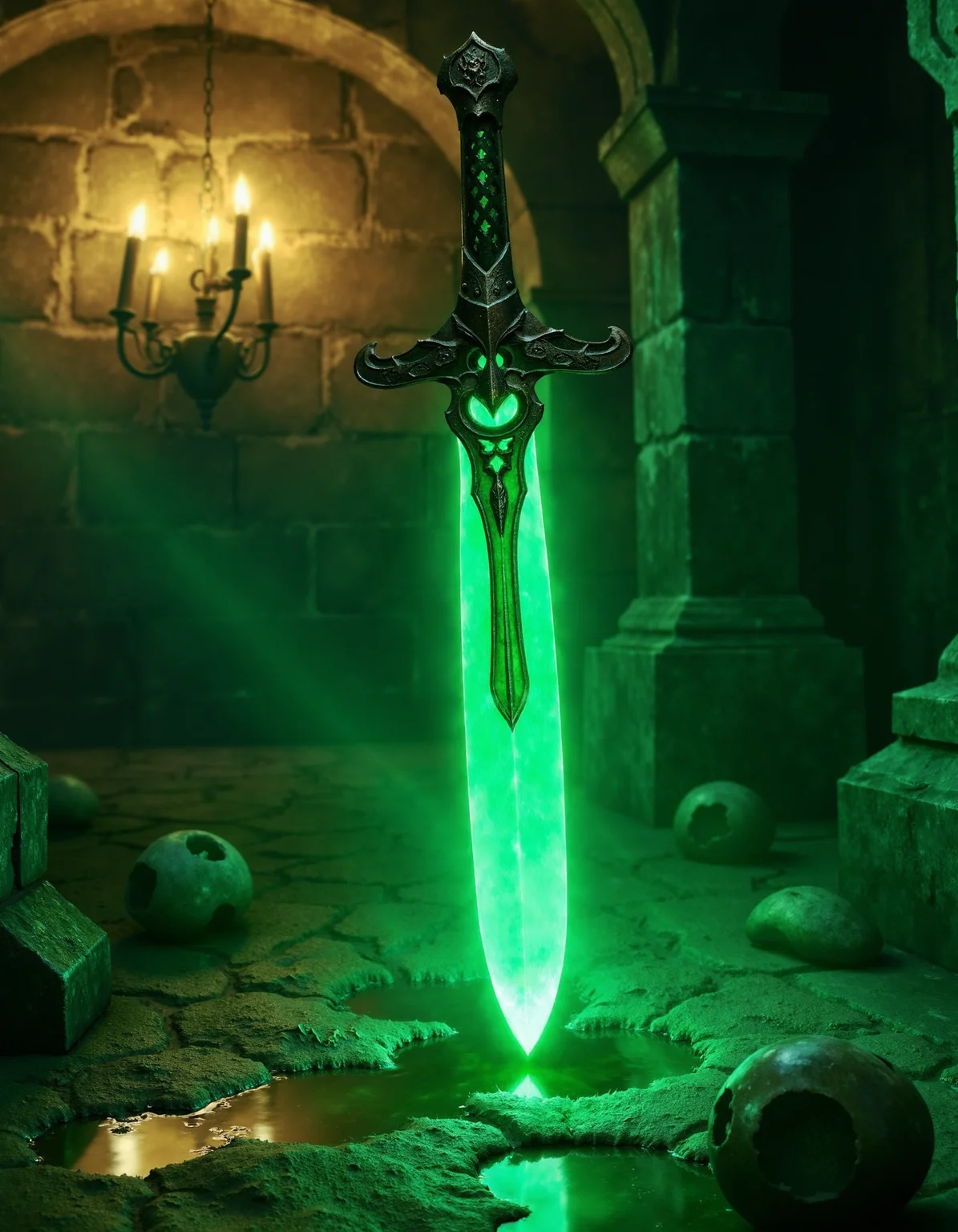 zavy-psnglw, Close-up shot from a low angle, a sleek dagger with an intricate hilt emitting a vibrant green glow, a dimly lit underground lair with ancient stone walls and scattered relics, cinematic style with dramatic lighting contrasts, moody greens and deep blacks punctuated by the radioactive glow.