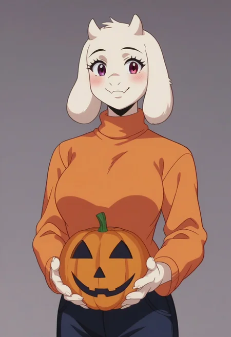 score_9_up, score_8_up, score_7_up, Toriel, simple background, fluffy, looking at viewer, solo heterocromia, purple eye, red eye, blushing, smiling, anime screencap, retro anime style, orange sweater, holding pumpkin, candle, nighttime, halloween,