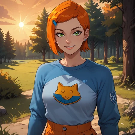 score_9, score_8, BREAK, solo, 1girl, pale skin, green eyes, short orange hair, hair clip, sapphire earrings, blue raglan shirt with a cat logo, white capri pants, sexy pose, self portrait, smile, outdoors, sunlight, shadows, evening lighting, natural lighting, forest, trees, grass, orange sky, sunset