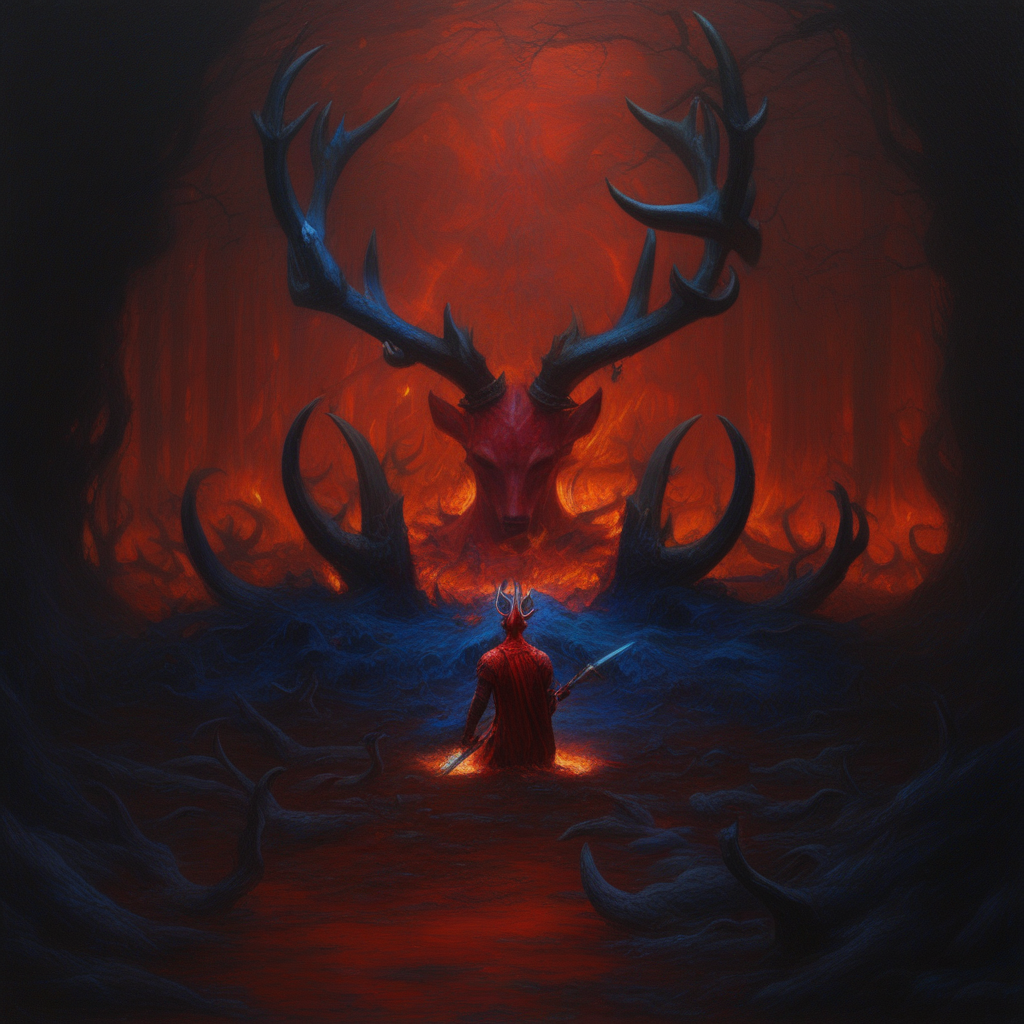 red theme, horns, planted sword, antlers, nature, sitting, multiple others, fire, orb, blood, blue skin, throne, glowing sword, walking, from behind, oil paint
