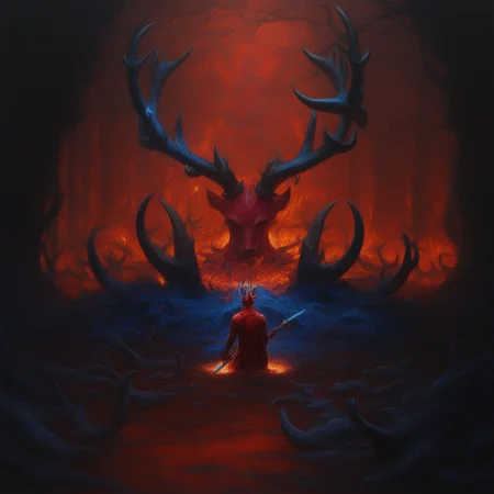 red theme, horns, planted sword, antlers, nature, sitting, multiple others, fire, orb, blood, blue skin, throne, glowing sword, walking, from behind, oil paint