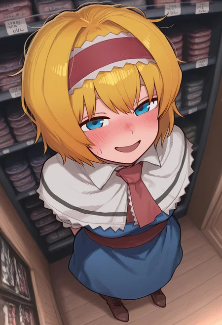 best quality, hires, thick outlines, from above,
1girl, solo, (ichigo \(cookie\):1.2), (alice margatroid:0.6),
blonde hair, blue eyes, short hair, curly hair, messy hair,
white capelet, blue dress, medium dress, red sash, red necktie,
frilled hairband,
looking at viewer, blush, standing, open mouth,
full body, short female,
brown boots, lace-up boots, knee boots, arms behind back,
indoors, store, shelfs, smile,
