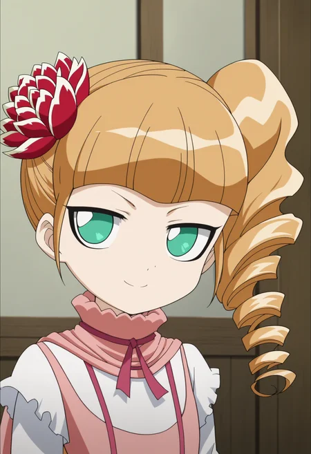 score_9, score_8_up, score_7_up, score_6_up, score_5_up, score_4_up , anime coloring ,BREAK source_anime, anime,screencap,
1girl, solo, ecarlate, hair flower, pink scarf, baseoutfit, dress, <lora:PonyXL Ecarlate DT V1:1>
indoors, upper body,
smile, looking at viewer,
