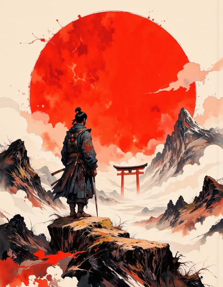 A lone samurai stands on a hill, facing a massive red sun in the background. The scene is painted in Japanese ink style, with minimalistic brush strokes, combining black, white, and red hues. Traditional Japanese elements like a torii gate and mountains surround the figure, with a surreal and dramatic atmosphere , watercolor painting, DB4RZ style painting, DB4RZ, GHIBSKY style, GHIBSKY style painting