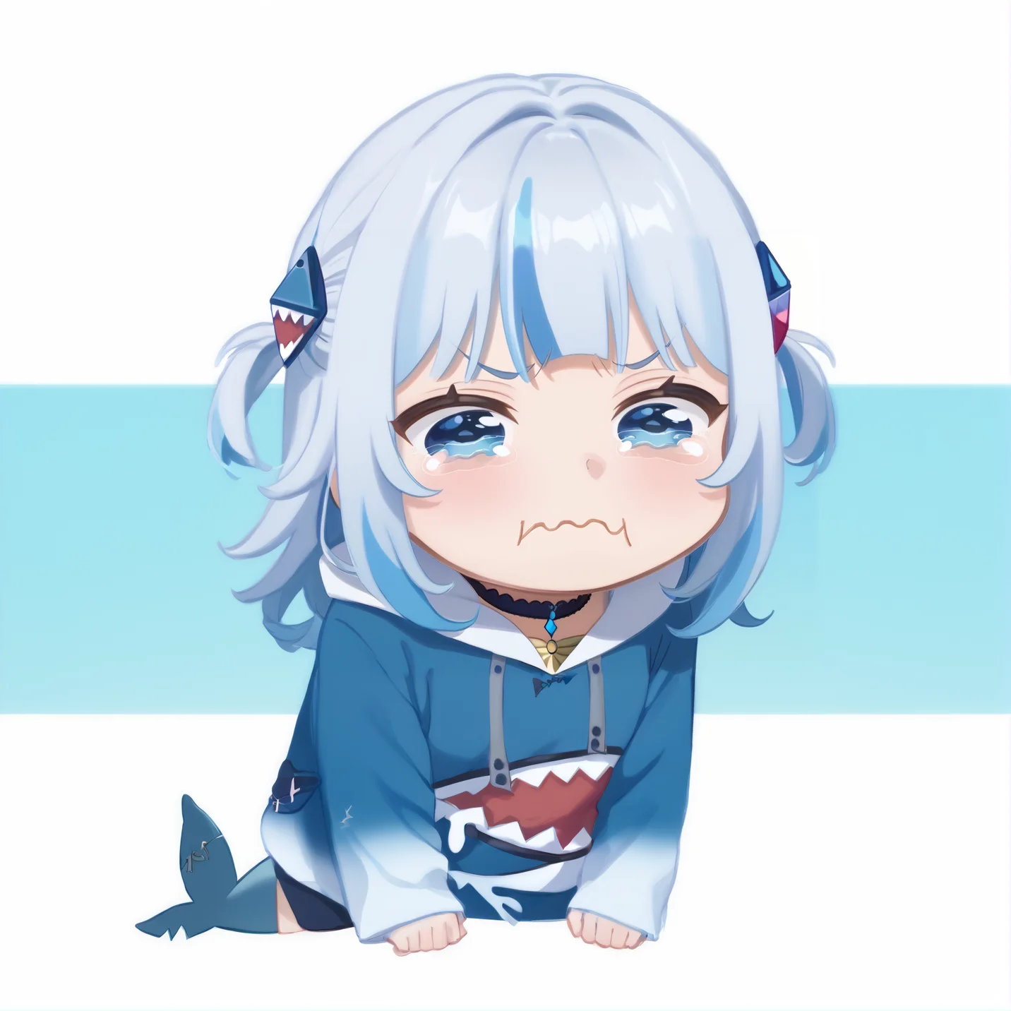 score_9, score_8_up, score_7_up, rating_safe, zPDXL2,  zPDXLxxx, zPDXL3, source_anime, <lora:GenshinChibi:1.2>, 
GenshinChibi, chibi, gawr gura, blue hoodie, two side up, shark hair ornament, 
 <lora:concept_aquacrying_ponyXL:1>, blue eyes, aquacrying, wavy mouth, closed mouth, tearing up, 
 <lora:guraXL:1>