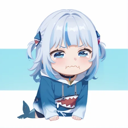 score_9, score_8_up, score_7_up, rating_safe, zPDXL2, zPDXLxxx, zPDXL3, source_anime, <lora:GenshinChibi:1.2>,
GenshinChibi, chibi, gawr gura, blue hoodie, two side up, shark hair ornament,
<lora:concept_aquacrying_ponyXL:1>, blue eyes, aquacrying, wavy mouth, closed mouth, tearing up,
<lora:guraXL:1>