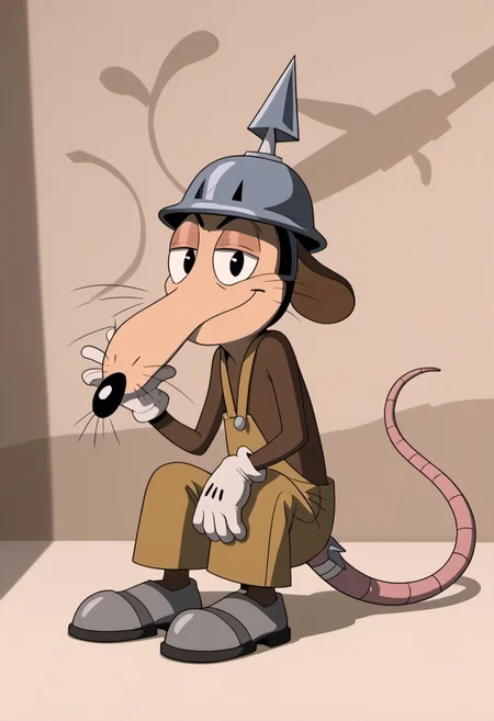 score_9, score_7_up, (masterpiece, extreme detail, best quality), solo focus, male, Werner Werman, mouse, black eyes, brown fur, whiskers, pointy nose, spiked helmet, rat tail, light brown overalls, lederhosen, grey footwear, grey shoes, perfect hands, white gloves, gloves, full-length portrait, skinny, petite, sitting, smile, half-closed eyes, smug, looking at viewer, flirty pose, source_photo, extremely detailed, pattern background, shadow, shading, hyperrealistic, bandaged tail