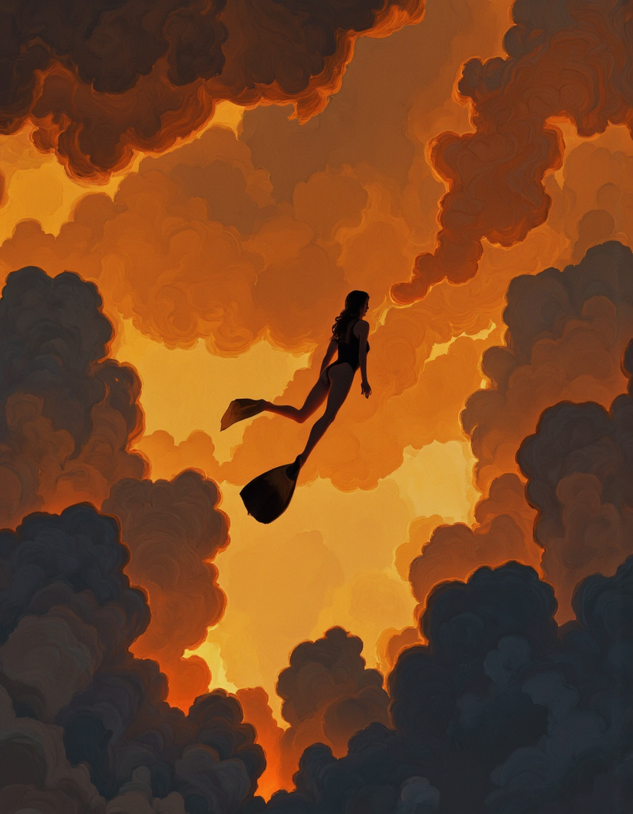 By Artem Chebokha. A digital illustration shoot from a low angle about a silhouette of a woman flying through a dramatic sky filled with orange and yellow hues, resembling a sunset. the image also shows a woman in a black bodysuit and scuba fins, in the middle of the image, who appears to be in mid-air, with her full body visible. she has long, flowing hair and is facing away from the viewer, giving a sense of movement and energy to the scene. the woman is positioned in the center of the frame, with the dramatic sky stretching out behind her. the sky is filled with large, swirling clouds, creating a dramatic contrast with the warm, orange hues of the sunset. overall, the image has a dramatic and dynamic feel, with a focus on the woman's dynamic pose and the fiery background.