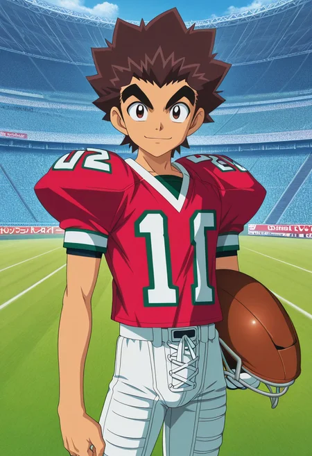Yaoi figure PVC, PVC boy, PVC texture, official art, male, High Quality, perfect anatomy, HD, anime style, break
TAROU RAIMON, 1boy, alone, brown hair,  thick eyebrows, dark brown eyes, athletic build, smiling, posing, looking at viewer, football uniform, tight uniform, red and white uniform, football field