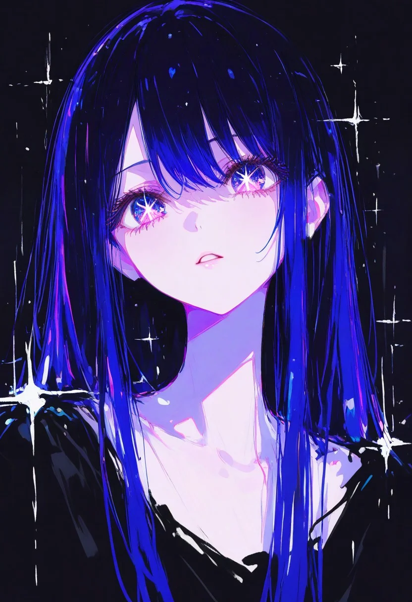 masterpiece, best quality, absurdres, highres, very awa, newest, sketch, hirayama kanna, inplick, luxearte, hoshino ai \(oshi no ko\), oshi no ko, long hair, tilted head, portrait, parted lips, face focus, stars, dark abstract background,