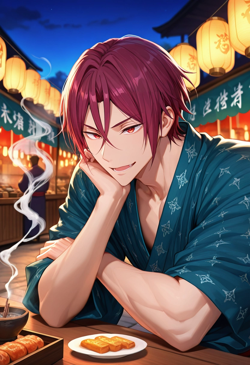masterpiece, best quality, intricate details, (3d:0.4), , 1boy, solo, male focus, <lora:rin_matsuoka_ilxl:0.92>, rin_matsuoka, red hair, red eyes, hair between eyes, night market, paper lanterns, food stalls, incense smoke, browsing pose, hungry expression, evening, greek costume