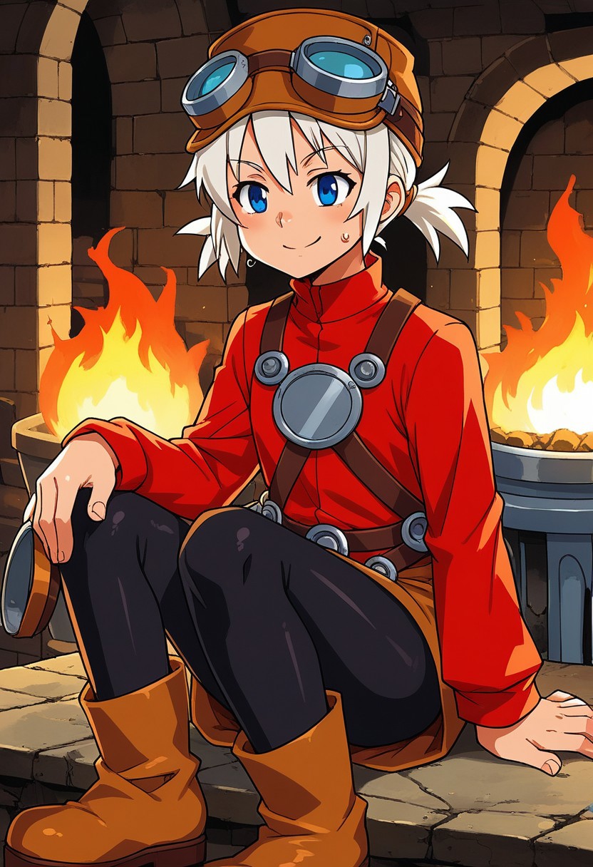 score_9, score_7_up, source_anime, BREAK solo, <lora:Pratty_XL:1> Pratty, blue eyes, short hair, white hair, short twintails, hair through headwear, goggles, brown headwear, red shirt, short over long sleeves, black long sleeves, red skirt, black pantyhose, leather breastplate, brown footwear, smile, sweat, smith, furnace, smithing, crafting, sitting, fire,
