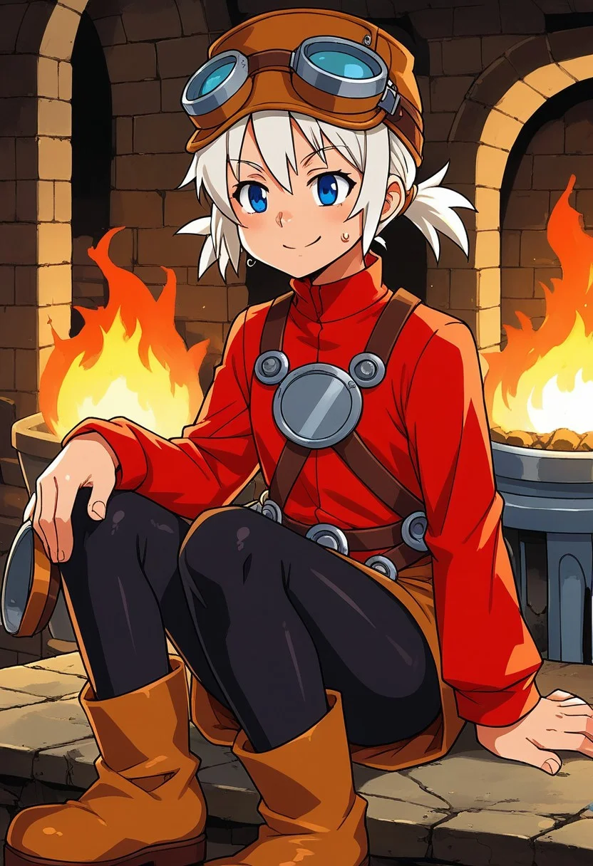 score_9, score_7_up, source_anime, BREAK solo, <lora:Pratty_XL:1> Pratty, blue eyes, short hair, white hair, short twintails, hair through headwear, goggles, brown headwear, red shirt, short over long sleeves, black long sleeves, red skirt, black pantyhose, leather breastplate, brown footwear, smile, sweat, smith, furnace, smithing, crafting, sitting, fire,