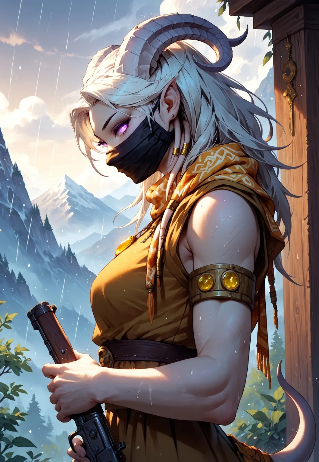 masterpiece, score_9, score_8_up, score_7_up, score_6_up, world of warcraft, fantasy,
(female, draenei, h0rns, ram horns, white horns, tall, athletic arms, pale white skin, long white hair, purple eyes, long white tail, joyous face, four fingers per hand, long fingers),
upper body, side view, resting, looking to viewer,
(long loose cream dress, tail under dress, cream silk scarf, simple armlet, small yellow gem pendant, black facemask), GunMonk, shotgun,
depth of field, outdoor, mountain, stormy, raining, windy, alone, low angle,
<lora:add-detail-xl:1.5>