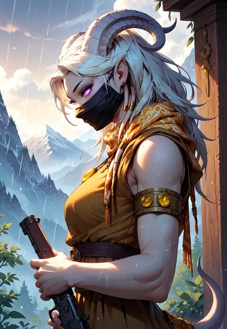 masterpiece, score_9, score_8_up, score_7_up, score_6_up, world of warcraft, fantasy,
(female, draenei, h0rns, ram horns, white horns, tall, athletic arms, pale white skin, long white hair, purple eyes, long white tail, joyous face, four fingers per hand, long fingers),
upper body, side view, resting, looking to viewer,
(long loose cream dress, tail under dress, cream silk scarf, simple armlet, small yellow gem pendant, black facemask), GunMonk, shotgun,
depth of field, outdoor, mountain, stormy, raining, windy, alone, low angle,
<lora:add-detail-xl:1.5>