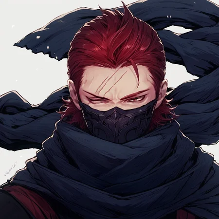 score_9_up, score_8_up, score_7_up, anime, solo, 1boy, s@izo, red hair, scar across closed eye, red eye, muscular, mask, scarf, portrait, face focus,