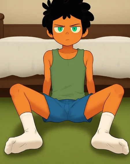 <lora:MaxCamp:0.8>, 1boy, solo, Max, black hair, green eyes, dark skin, shirtless, blue shorts, serious, sleeveless shirt,  sitting, socks, looking at viewer, bedroom, spread legs,