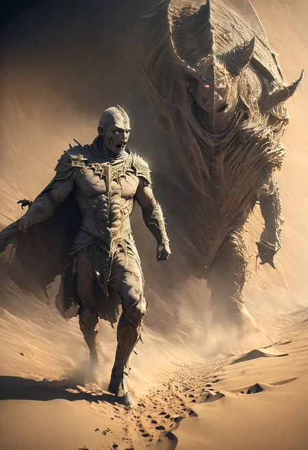 very dark focused flash photo, amazing quality, masterpiece, best quality, hyper detailed, ultra detailed, UHD, perfect anatomy, portrait, dof, hyper-realism, majestic, awesome, inspiring,Capture the thrilling showdown between the ancient mummy and the colossal sand boss in an epic battle amidst swirling dust and desert sands. Embrace the action and chaos as these formidable forces clash in the heart of the dunes. cinematic composition, soft shadows, national geographic style