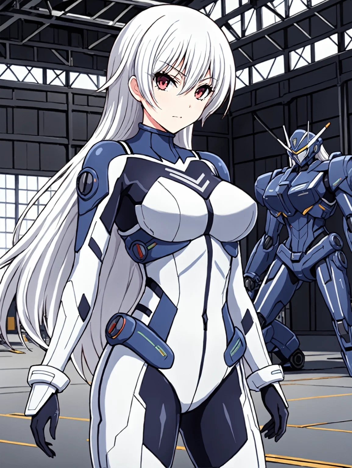 masterpiece, best quality,
anime coloring, cel shading, 
 <lora:harukakuramori.sdxl.v3:0.8> haruka kuramori,white hair,
1girl,solo,
long hair,
bodysuit, 
hangar, science fiction,  mecha in background,