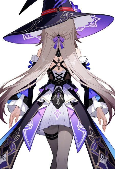 <lora:THEHEITA_(honkai_star_rail)-000028:1>,
THEHEITA_\(honkai_star_rail\),1girl,long hair,solo,witch hat,very long hair,from behind,dress,simple_background,white_background,grey pantyhose