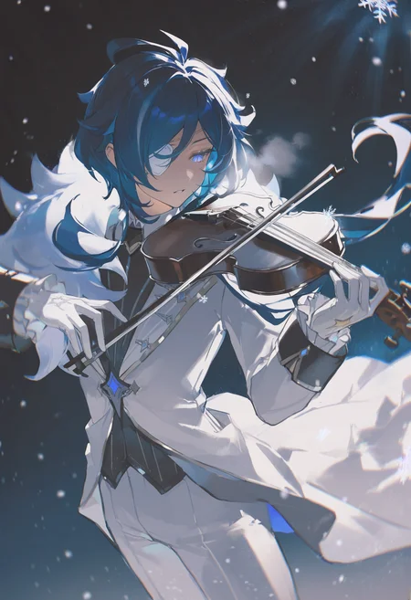very awa, masterpiece, best quality, newest, absurdres, highres, <lora:artist_niukou_kouzi_vpred_v2:1>
1boy, kaeya \(genshin impact\), solo, playing instrument, violin, snowing, snowflakes, night, white suit, white gloves, moonlight, breath, parted lips, half-closed eyes, dark theme, dim lighting, backlighting, blue theme, white theme, light particles, cowboy shot, blurry, dutch angle, star \(sky\), alternate costume, white eyepatch, slit pupils, sad, looking down, looking to the side, wind, dynamic pose, white frills, moonlight,