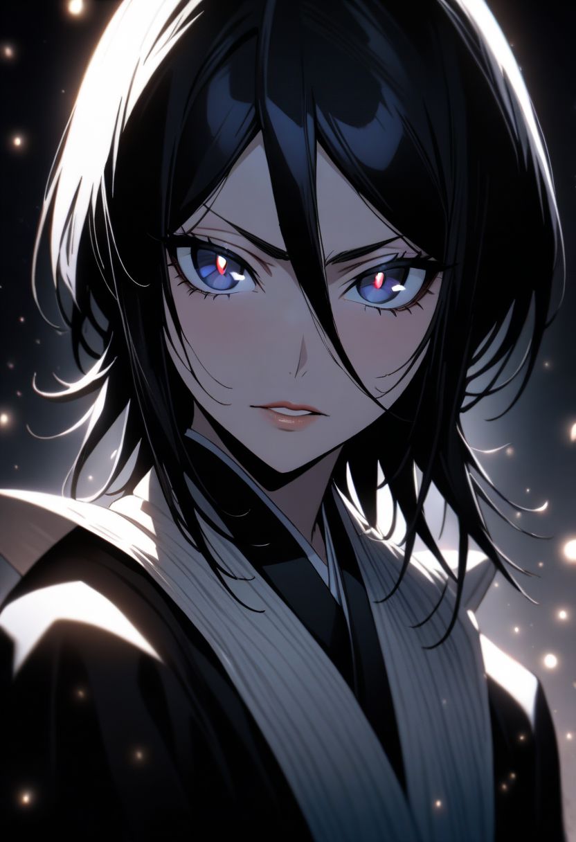 (masterpiece), (best quality), (ultra-detailed), 
1girl, solo,  gorgeous lips, an elegant face, 
light particle, particle, shadow, Kuchiki Rukia ,Bleach, detailed lips , black detailed pupils,