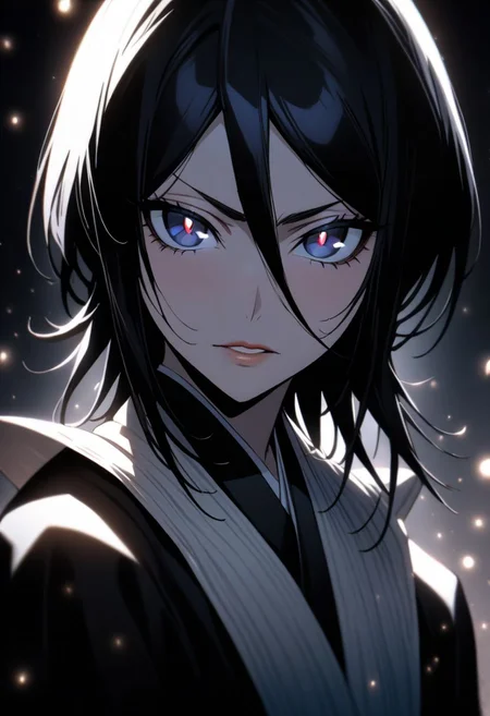 (masterpiece), (best quality), (ultra-detailed), 
1girl, solo,  gorgeous lips, an elegant face, 
light particle, particle, shadow, Kuchiki Rukia ,Bleach, detailed lips , black detailed pupils,