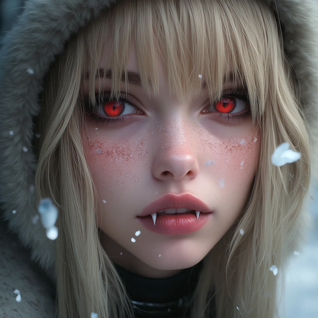 A stunning close-up of a blonde woman, gothic fashion , with bright red eyes, moist pink lips, fangs, wearing a fluffy animal ear hood, soft lighting, realistic and delicate facial features, fallen snowpetal,  photorealistic rendering. Natural light interplay on skin,Photorealistic shadow softness, Lifelike hair gloss , Photorealistic color grading
