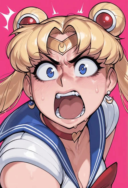 krekkov, (pixelsketcher:0.5), masterpiece, best quality, high quality, absurdres, very awa, newest, solo_focus, anime, fisheye view.
sailor moon, blonde hair, blue eyes, open mouth, aggressive, surprised, angry.
pink background