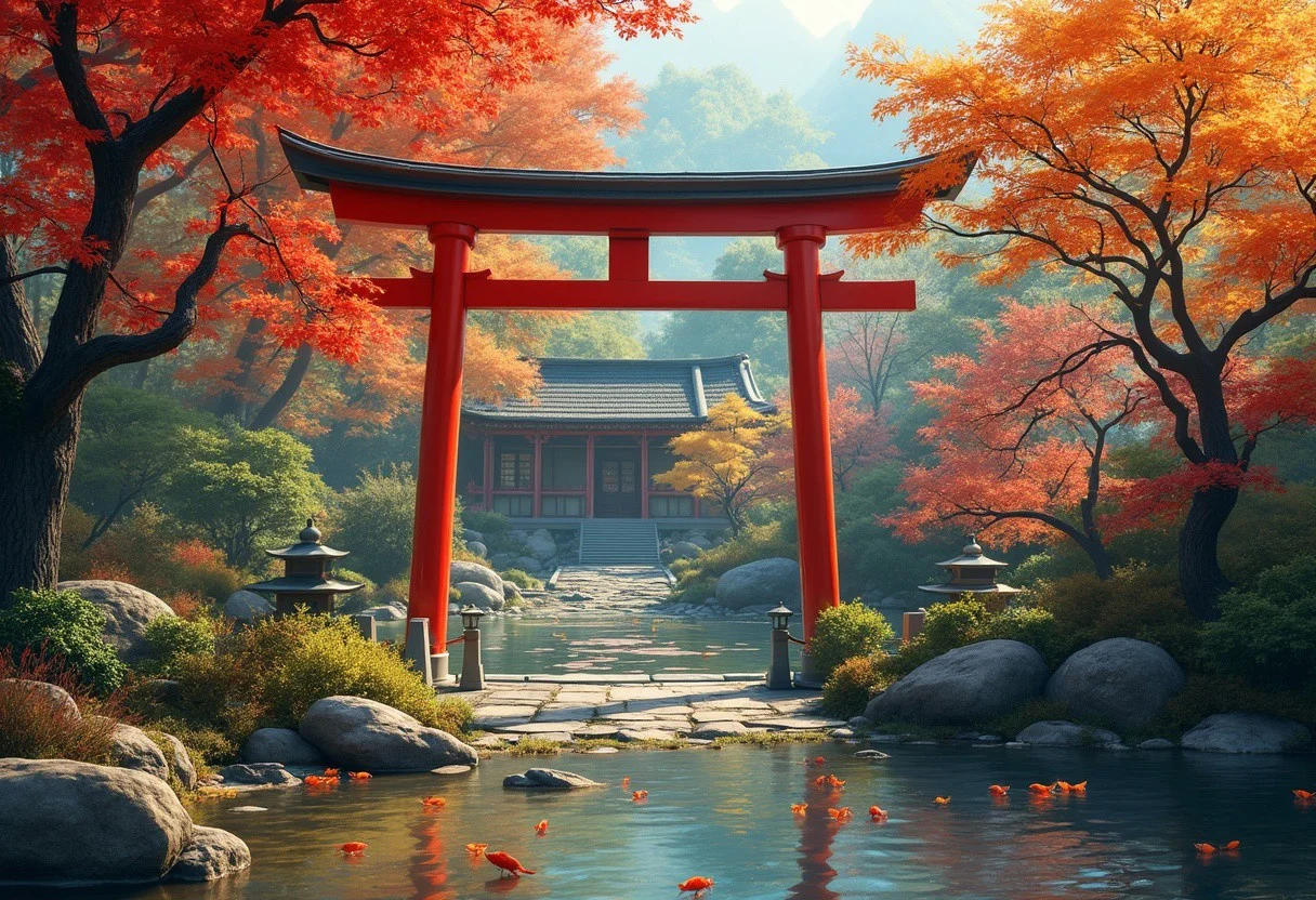 A tranquil Japanese garden in autumn. A red torii gate stands at the entrance, surrounded by vibrant maple trees with leaves of crimson, gold, and amber. A koi pond shimmers under the dappled light, reflecting the colors of the season. Stone lanterns line the pathway leading to a traditional wooden tea house, partially hidden behind delicate cherry blossoms. Detailed realism, inspired by Yoshitaka Amano and Ivan Aivazovsky, with a serene and mystical ambiance.
