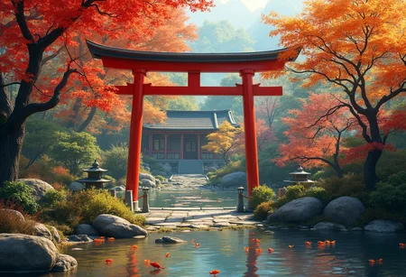 A tranquil Japanese garden in autumn. A red torii gate stands at the entrance, surrounded by vibrant maple trees with leaves of crimson, gold, and amber. A koi pond shimmers under the dappled light, reflecting the colors of the season. Stone lanterns line the pathway leading to a traditional wooden tea house, partially hidden behind delicate cherry blossoms. Detailed realism, inspired by Yoshitaka Amano and Ivan Aivazovsky, with a serene and mystical ambiance.