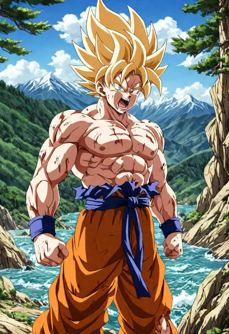 Portrait close( Son Goku Sayan Namek, Clothes 75% Broken,Screaming:1.0), green eyes, in amazing background montains, forest, sea, nature, 8k detailed face,