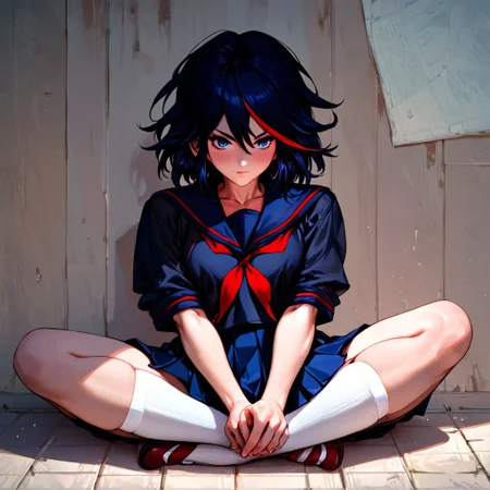 score_9, score_8_up, score_7_up, sitting, indian style, lotus position, full body, matoi ryuuko, school uniform, black serafuku, suspender skirt