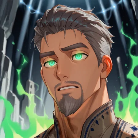 <lora:King_Magnifico_Wish__Disney-000002:.9>, King Magnifico, well-build, grey hair, slicked back hair, grey eyebrows, grey goatee beard, blue eye, Green eyes, Glowing eyes, energy around, Green aura, black business suit,
(very short hair, beard, bara, mature, facial hair, stubble, beard, full beard, sideburn, beard, a lot of beard, ), facial hair,male focus, muscular male, muscular male, bara, mature, bara, mature, aixiwuganda_(20222192), very awa, masterpiece, best quality, absurdres, newest, perfect quality, detailed background, intricate details,
<lora:slider_Body Type_alpha1.0_rank4_noxattn_last:3><lora:style_Anime Summer Days 2 Style SDXL_LoRA_Pony Diffusion V6 XL:.6><lora:slider_cfg_scale_boost:.7><lora:face_Artist6p-10:.55>, Artist6p, Artist04p,<lora:slider_il_brightness_slider_d1:-1><lora:slider_il_contrast_slider_d1:-1><lora:slider_DarkSlider1.2_alpha1.0_rank16_full_300steps:-.6>