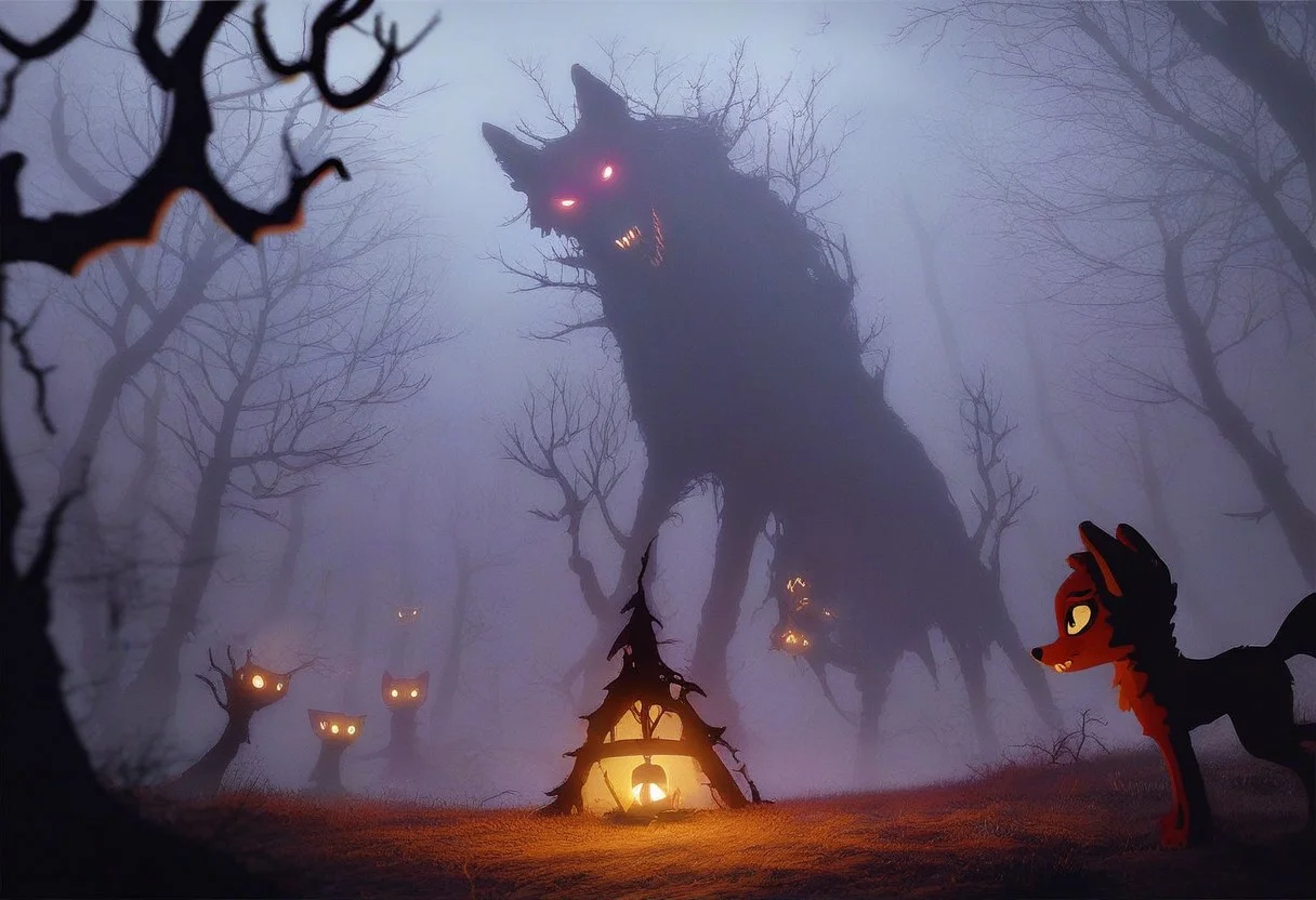 score9, score8_up, score7_up, score6_up, (enchanted woods:1.3), eerie, scary, extreme thunderstorm, flash light, in the dark, mystic lights, foggy, wolves, small & old shack, (spiderwebs:1.05), grave yard, undead, spooky atmosphere, stop-motion clay figures, (ink water-color painting:1.13), cinematic scene: dolly-shot, view from low angle, depth of field, intricate details