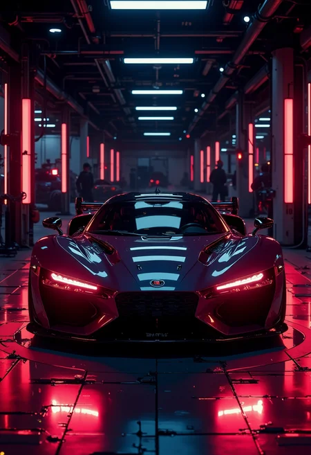 <lora:ck-nc-pastel-cyberpunk:1.2>, A digital artwork in the style of cknc, sleek futuristic car from front in a dark showroom. scene is only illuminated by the red diodes and LED front lights.