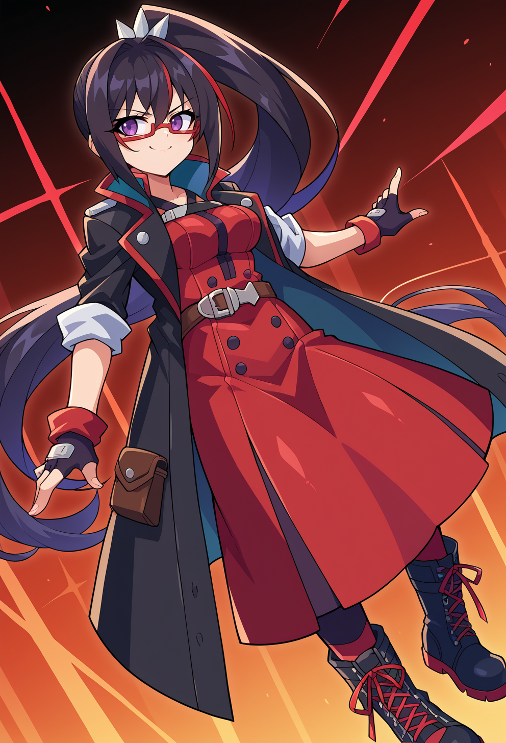 score_9, score_7_up, source_anime, BREAK   <lora:GunvoltMain:1> Azure Striker Gunvolt(Main),, smug smile, 1girl, purple eyes, red-framed eyewear, black hair, red colored tips, red streaked hair, very long hair, side ponytail, tied hair, medium breasts, red colored tips, jacket on shoulders, red dress, sleeves rolled up, fingerless gloves, holster, belt, multiple belts, combat boots, pants under dress, black coat,