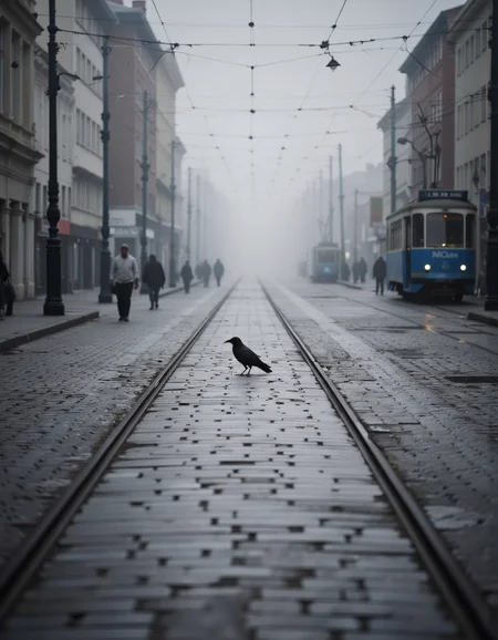 This photograph, taken in a misty, foggy urban environment, captures a single, solitary raven standing on a cobblestone street. The raven is positioned in the center of the image, facing left, its dark silhouette stark against the muted, gray-toned backdrop. The cobblestone street, slightly worn and reflective, stretches into the distance, flanked by tram tracks that run parallel to each other. The tram tracks are slightly elevated, contributing to the overall industrial, gritty feel of the scene. <lora:Dark_side_of_light:0.55>