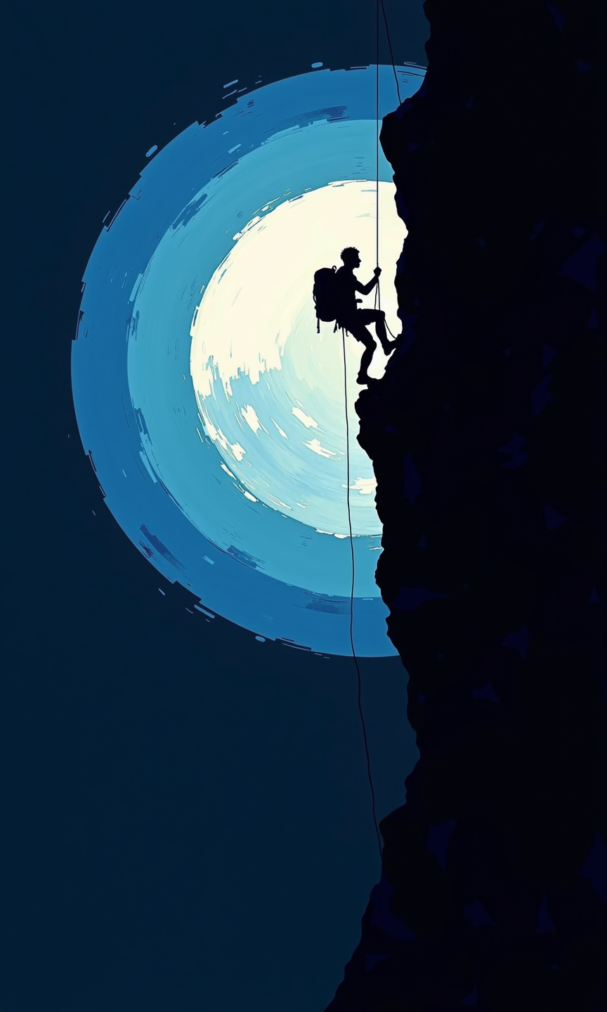 Full shot of a silhouette of a rock climber ascending a cliff face at night. 
The climber is positioned mid-climb, using a rope to ascend the steep, dark cliff. A backpack is visible on the climber's back. 
The cliff face is a solid black silhouette, dramatically contrasting with the light, almost white, circular shapes of the moon-like imagery that forms the background. The moon shape showcases layered, concentric rings that are gradient blue tones creating a depth effect. 
The entire background is a dark, deep blue, establishing a nighttime atmosphere.
<lora:FLUX-daubrez-DB4RZ-v2:1> DB4RZ, DB4RZ style painting