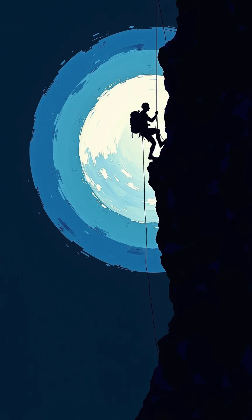 Full shot of a silhouette of a rock climber ascending a cliff face at night.
The climber is positioned mid-climb, using a rope to ascend the steep, dark cliff. A backpack is visible on the climber's back.
The cliff face is a solid black silhouette, dramatically contrasting with the light, almost white, circular shapes of the moon-like imagery that forms the background. The moon shape showcases layered, concentric rings that are gradient blue tones creating a depth effect.
The entire background is a dark, deep blue, establishing a nighttime atmosphere.
<lora:FLUX-daubrez-DB4RZ-v2:1> DB4RZ, DB4RZ style painting