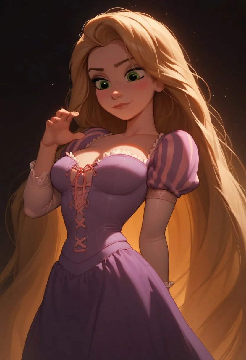 score_9, score_8_up, score_7_up, RapunzelWaifu, purple dress, puffy sleeves, very long hair, blonde, green eyes , short, skindentations, alot of cleavage, highly detailed face, medium teardrop breasts, perfect breast, skinny girl , sharp outlining, high contrast, vibrant colors, glossy skin, , morning light in background, close up on girl, cowboy shot, focus on female, model pose, pin up pose, hands behind back