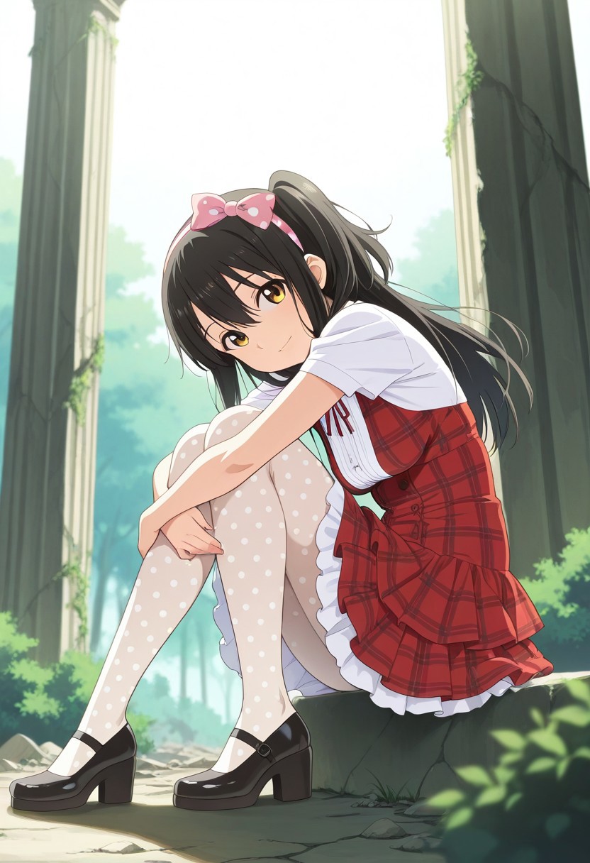 medium depth of field, rule of thirds, masterpiece-level, clean lines, sharp, focused subject, minimalistic composition, masterpiece, amazing quality, best quality, anime screencap, detailed face, detailed eyes, detailed outfit, face focus, 
general,highres, ultra-detailed,very aesthetic,best quality ,best hands,  
BREAK 1girl, Tenka Adachi,black_hair, long_hair, side tail, hair_ornament, brown_eyes, flat chest, short body,
Showaretrocakeskirtdress, plaid, red dress, hair bow, pantyhose, black footwear, polka dot legwear, (layered skirt:1.2), ribbon, (ribbon plaid hairband:1.1), white short sleeves, frill
very large breasts, sagging breasts, garl small body,
from side, from below,
sitting, hugging own legs, knees arms support, floating hair, happy, light smile, looking at viewer, 
(Ruins, stone pillars, bushes),