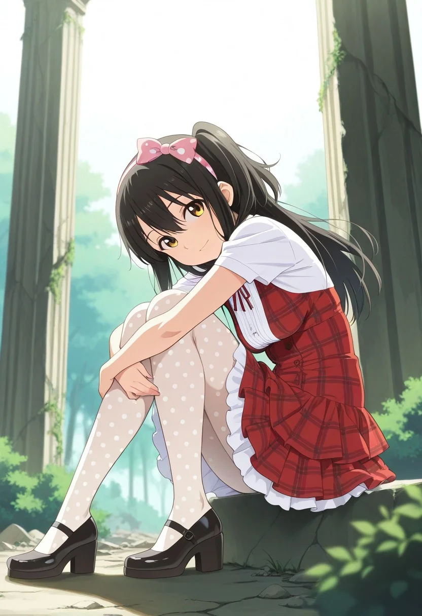 medium depth of field, rule of thirds, masterpiece-level, clean lines, sharp, focused subject, minimalistic composition, masterpiece, amazing quality, best quality, anime screencap, detailed face, detailed eyes, detailed outfit, face focus,
general,highres, ultra-detailed,very aesthetic,best quality ,best hands,
BREAK 1girl, Tenka Adachi,black_hair, long_hair, side tail, hair_ornament, brown_eyes, flat chest, short body,
Showaretrocakeskirtdress, plaid, red dress, hair bow, pantyhose, black footwear, polka dot legwear, (layered skirt:1.2), ribbon, (ribbon plaid hairband:1.1), white short sleeves, frill
very large breasts, sagging breasts, garl small body,
from side, from below,
sitting, hugging own legs, knees arms support, floating hair, happy, light smile, looking at viewer,
(Ruins, stone pillars, bushes),