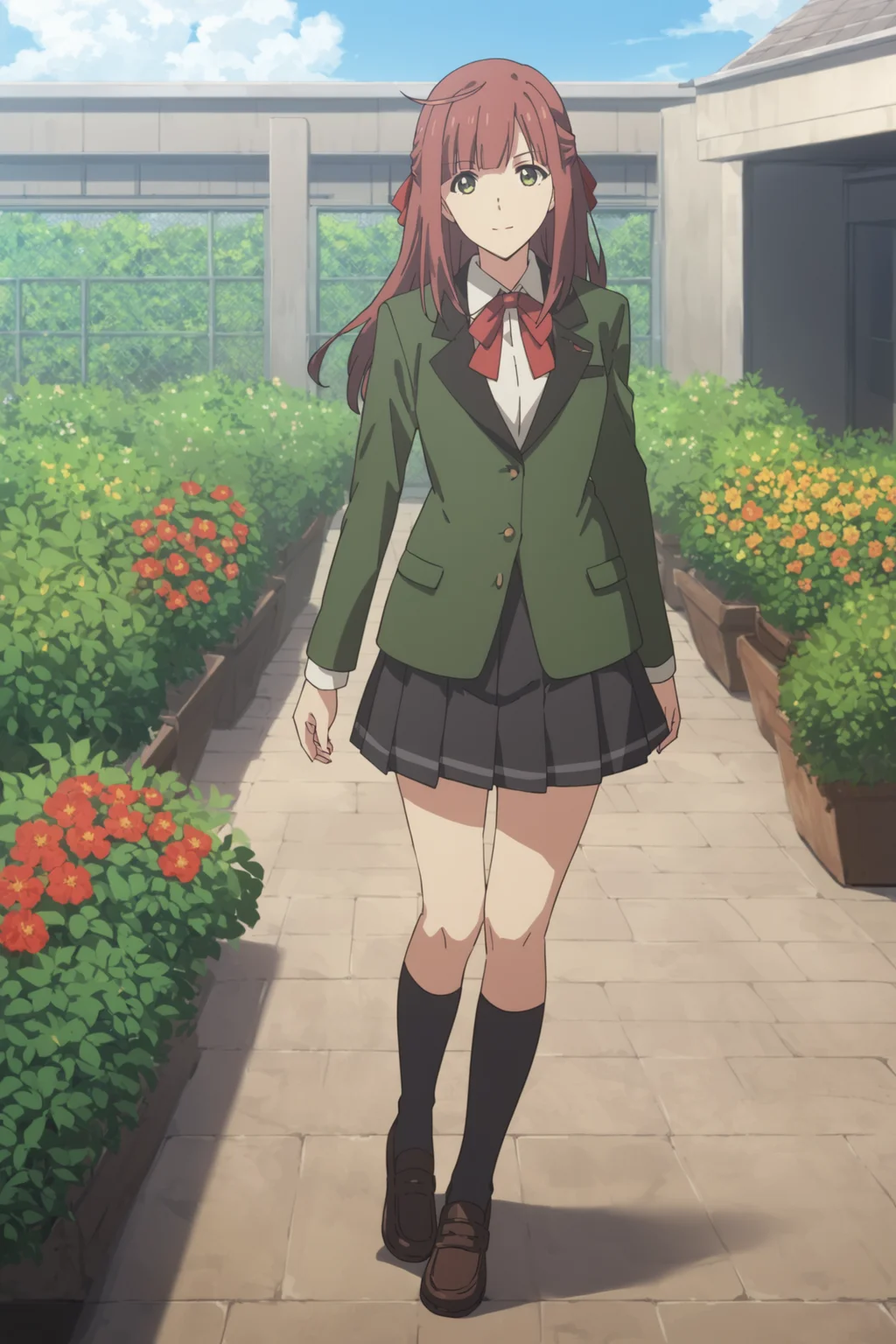 homura suzuko, long hair, red hair, green eyes, hair ribbon, school uniform, red bowtie, white shirt, (jacket:1.5), green jacket, black skirt, pleated skirt, black kneehighs, loafers, <lora:homura_suzuko:0.7>, score_9, score_8_up, score_7_up, score_6_up, score_5_up, source_anime, rating_safe, outdoors, flower garden, 1girl, solo, looking at viewer, <lora:age_slider_v4:3>