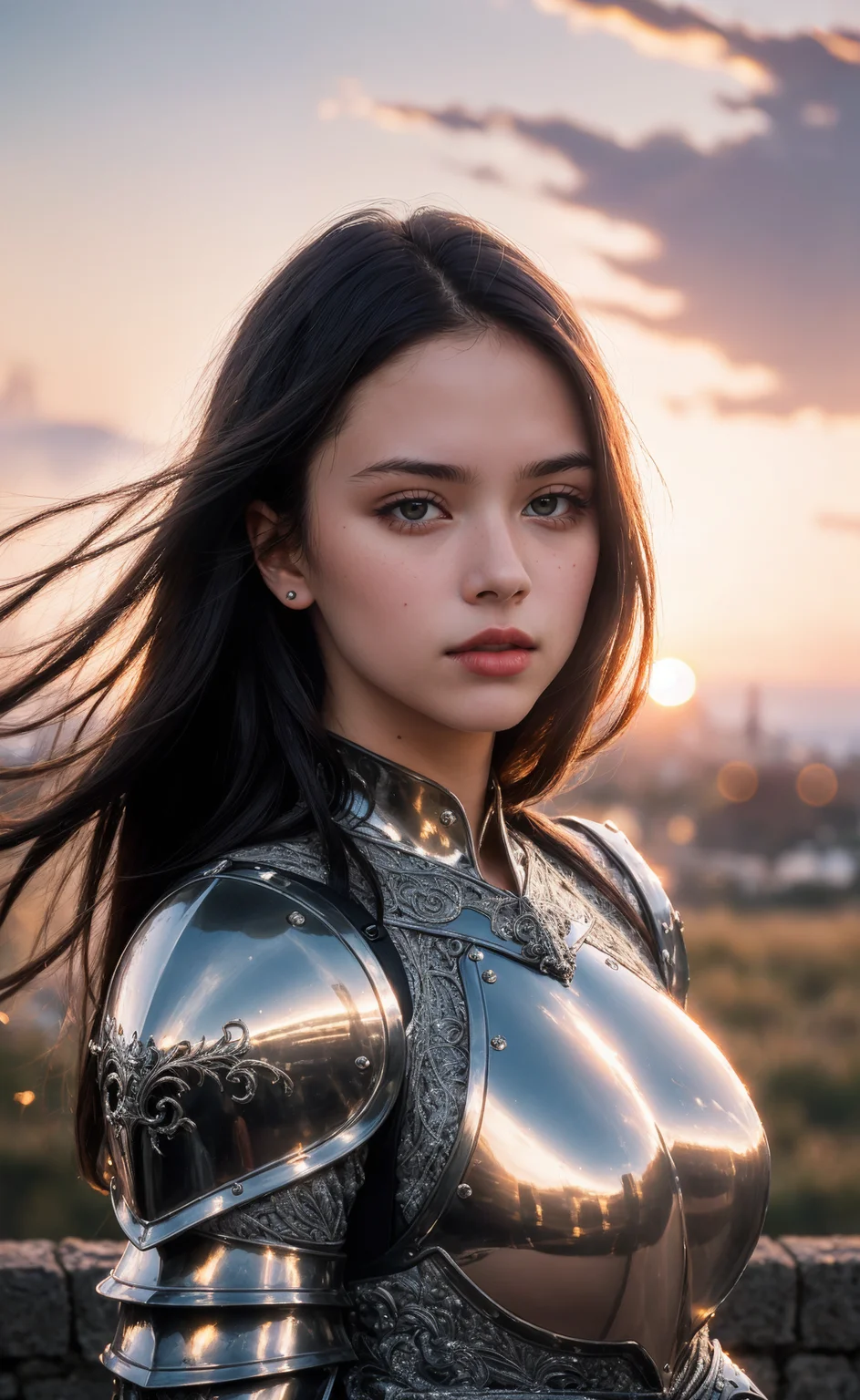 (masterpiece), (extremely intricate:1.3), (realistic), portrait of a girl, the most beautiful in the world, (medieval armor), metal reflections, upper body, outdoors, intense sunlight, far away castle, professional photograph of a stunning woman detailed, sharp focus, dramatic, award winning, cinematic lighting, octane render unreal engine, volumetrics dtx, (film grain, blurry background, blurry foreground, bokeh, depth of field, sunset, motion blur:1.3), chainmail